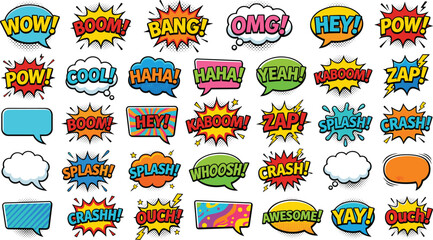 Comic book speech bubbles set with pop art explosion clouds halftones and retro cartoon sound effects text expressions isolated on white background ©  Jahangir