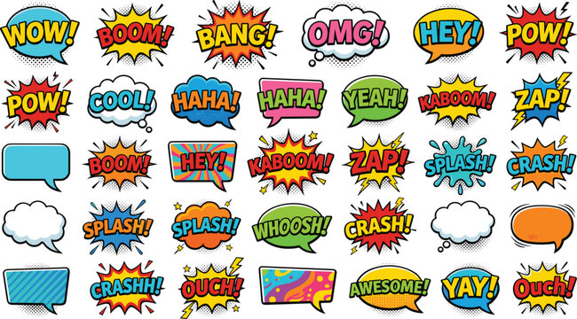Comic book speech bubbles set with pop art explosion clouds halftones and retro cartoon sound effects text expressions isolated on white background