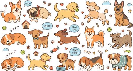 Obraz premium Cute dog vector illustration sticker set featuring corgi retriever pug dachshund and beagle cartoon puppy characters