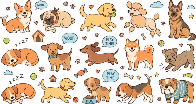 Cute dog vector illustration sticker set featuring corgi retriever pug dachshund and beagle cartoon puppy characters