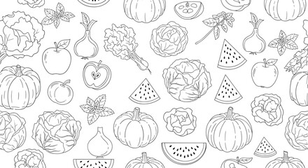 Fototapeta premium Seamless line art outline pattern of fresh fruits and vegetables on a white background for healthy eating designs.