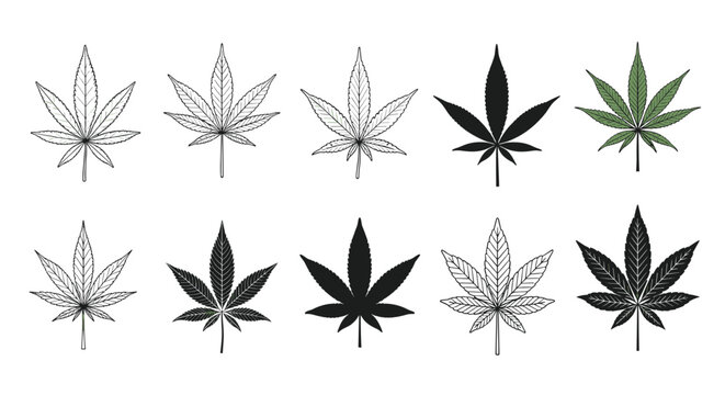 Set of ten different hand drawn marijuana leaves showing various design styles like line art dotwork and silhouette.