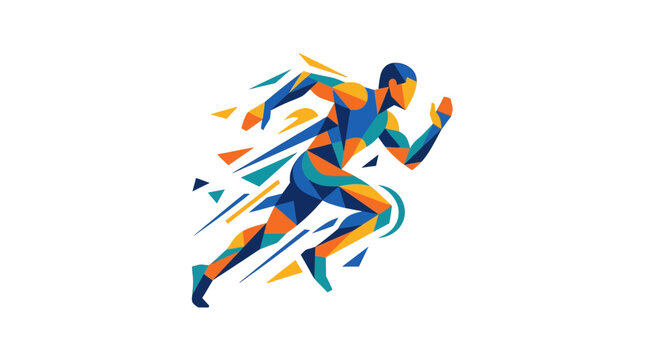 A stylized geometric illustration of a person running fast