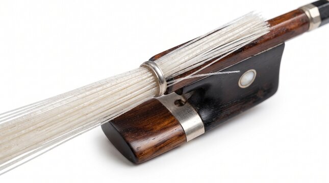 Professional violin bow frog with white horsehair, close up of wooden cello bow details, orchestral string instrument equipment on white background