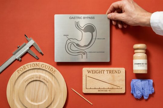 A hand holds a gastric bypass diagram near a wooden plate and health tracking tools on a red table.