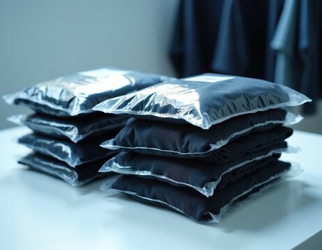 Stacks of dark garments are vacuum sealed in clear plastic bags on white table. Items are compressed flat for efficient storage and transport. Protective packaging kepic textiles clean and organised.