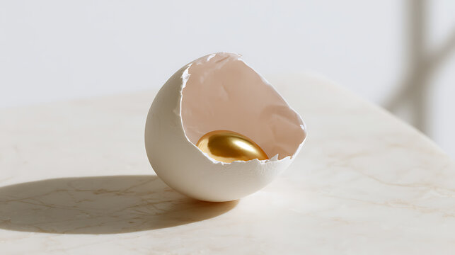 A pristine white eggshell cradling a lustrous golden orb, symbolizing precious value, potential, and prosperity on a clean, light surface