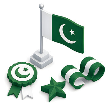 Pakistan independence day 3d celebration set with national flag rosette and green star icon.