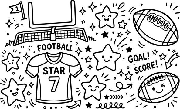 Illustration de football dessin&eacute;e &agrave; la main, style dessin au trait, &agrave; colorier pour enfants