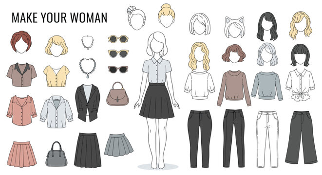 Paper doll dress up game creator kit featuring a female character mannequin with multiple hairstyles clothing and accessories.