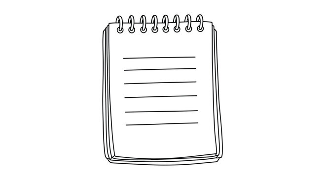 Hand drawn line art illustration of a blank spiral bound notepad notebook with lined pages isolated on white.