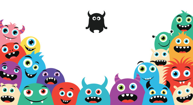 Colorful cute monster crowd framing a blank white copy space with a tiny black alien character in the center.