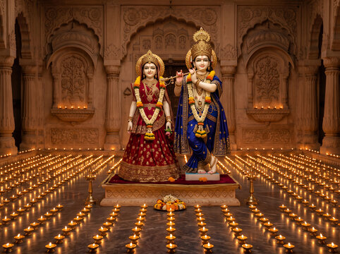 Divine Radha Krishna Statue in Ancient Hindu Temple with Sacred Aura, Iskon Temple