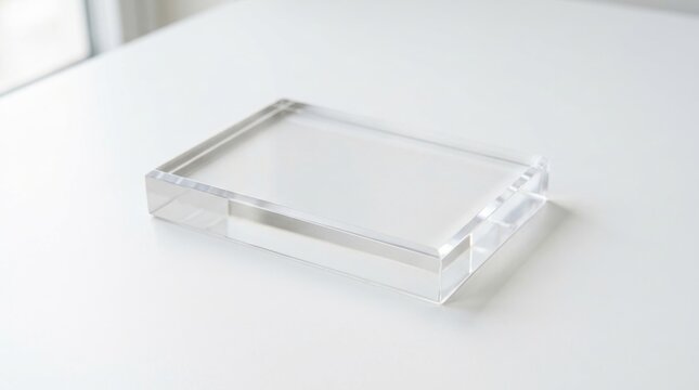 Clear rectangular acrylic block paperweight on a table