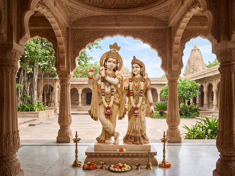 Divine Radha Krishna Statue in Ancient Hindu Temple with Sacred Aura, Iskon Temple