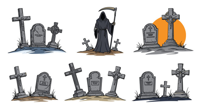 Set of six eerie cemetery headstone and grave designs including a grim reaper, celtic crosses, and old tombstones.