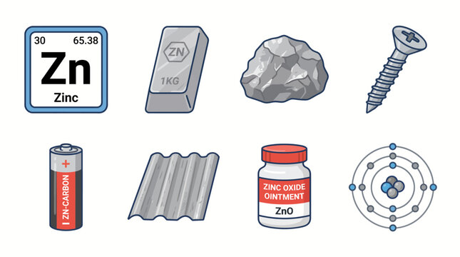 Zinc Chemical Element Properties and Common Industrial Uses Vector Illustration Set