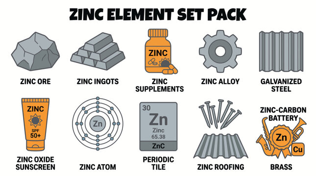Zinc Element Cartoon Icon Set with Ore Ingots Atom and Uses