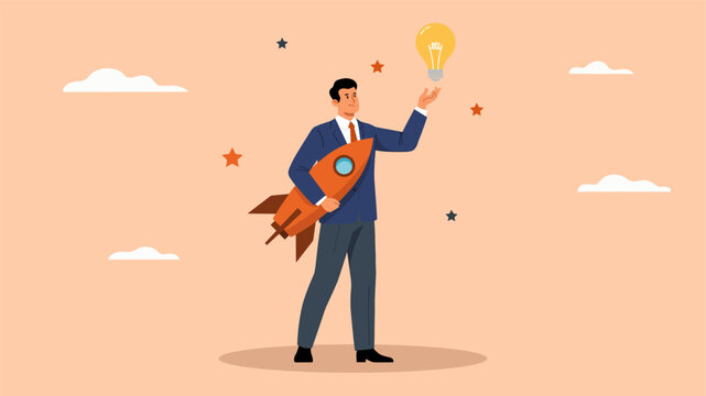 Businessman holding rocket and light bulb symbolizing innovation and success