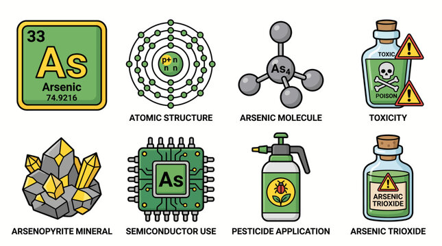Arsenic chemical element educational icon set with periodic table symbol atomic structure mineral and toxicity concepts