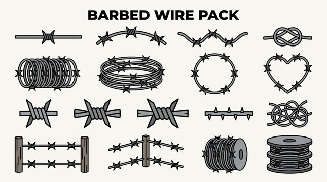 Barbed Wire Cartoon Icon Set with Fence Coil and Heart Shapes