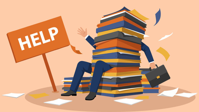 Illustration of a Person Overwhelmed by Piles of Books with a Help Sign