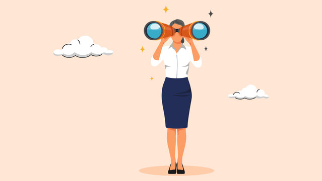 Illustration of businesswoman looking through binoculars surrounded by clouds