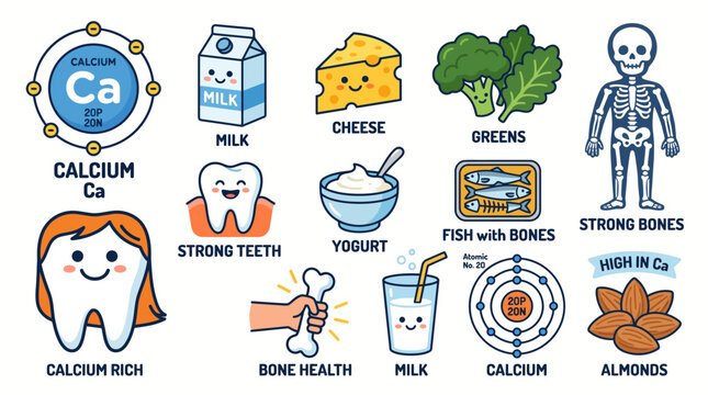 Calcium Nutrition and Bone Health Educational Icon Set with Dairy Foods, Atomic Structure and Healthy Teeth
