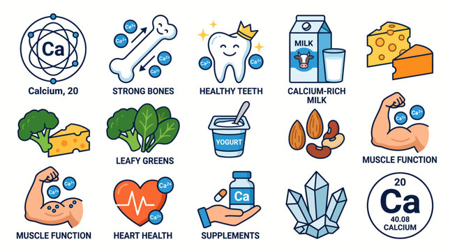 Calcium Element Health Benefits and Food Sources Infographic Set with Atomic Structure, Strong Bones, Healthy Teeth, Milk, Cheese, Yogurt, Leafy Greens, Supplements and Muscle Function Icons
