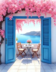 Fototapeta premium Balcony with cherry blossoms overlooks blue sea. Chairs and table set for drinks. Island view with mountains. Peaceful spring day, bright sunny weather.