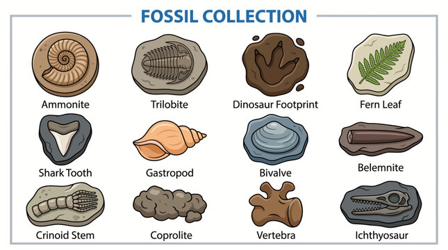 Fossil Collection Cartoon Icon Set With Ammonite, Trilobite, Dinosaur Footprint, Fern Leaf, Shark Tooth, Shells, Belemnite, Crinoid, Coprolite, and Ichthyosaur