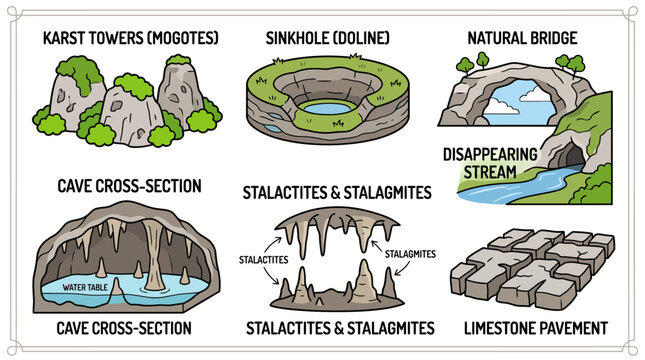 Karst Landscape Cartoon Icon Set: Geology Diagram with Sinkhole, Cave, Stalactites, Natural Bridge and Limestone Pavement Illustration