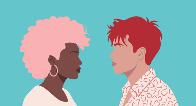 Profiles of a diverse young man and woman facing each other, representing love, modern relationship, flat vector illustration on blue background.