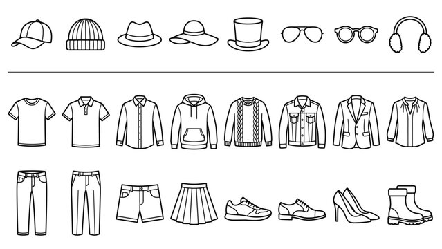 Headwear and basic clothing essentials pack - minimal fashion wardrobe on transparent background - vector icon outline illustration for catalog
