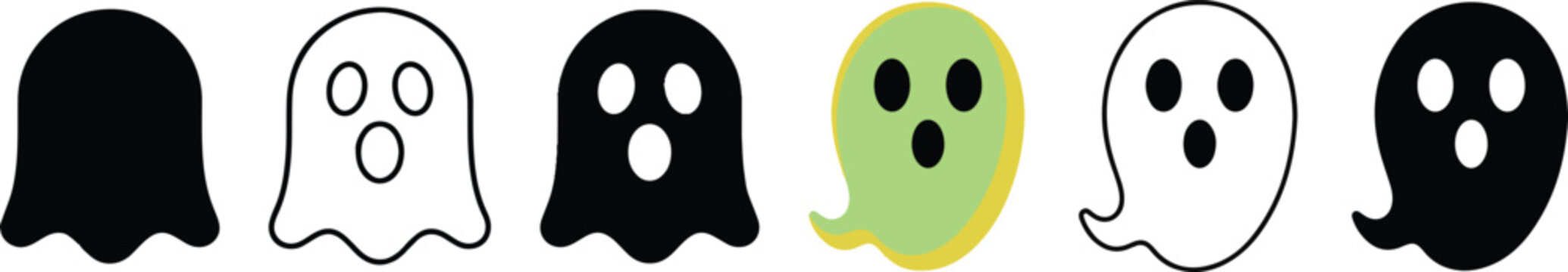 Halloween ghost icons in various styles and colors for design use