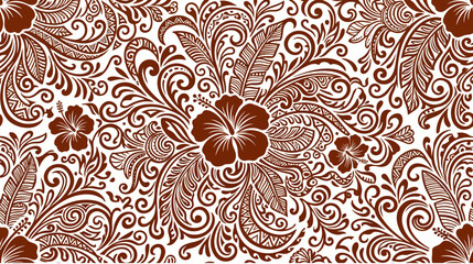 Tropical floral pattern with hibiscus flowers and leaves, brown on white, seamless vector illustration © Timothee
