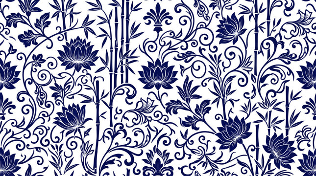 Seamless vector pattern with blue lotus flowers and bamboo in a decorative oriental style