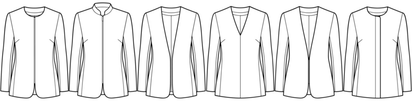 flat sketch set of womens collarless blazer jacket technical cad drawing vector template transparent background