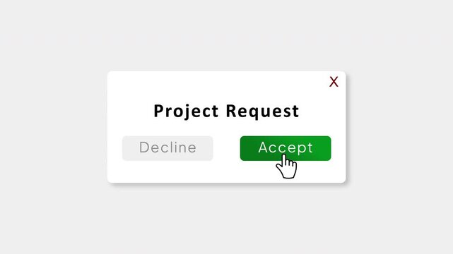 Project Request Popup Animation with Accept Button Click, Task Approval Dialog, User Interface Notification
