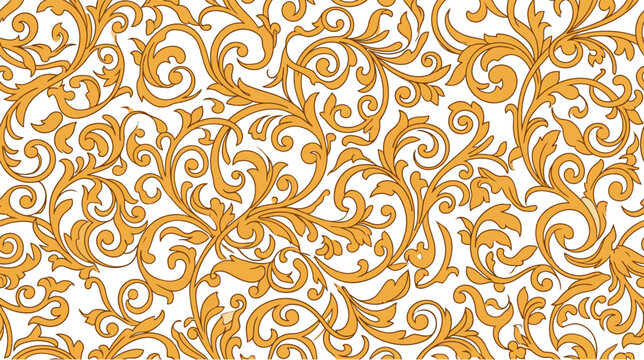 Elegant golden baroque pattern on white background, ornate scrolling floral motifs, vintage decorative flourish
