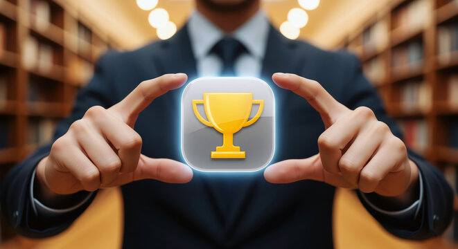 Achievement recognition platform for rewarding top results with a trophy symbol, supporting employee awards, competition winners and milestone celebration in an organization