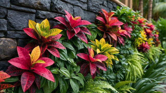 Colorful croton plants growing along stone wall garden