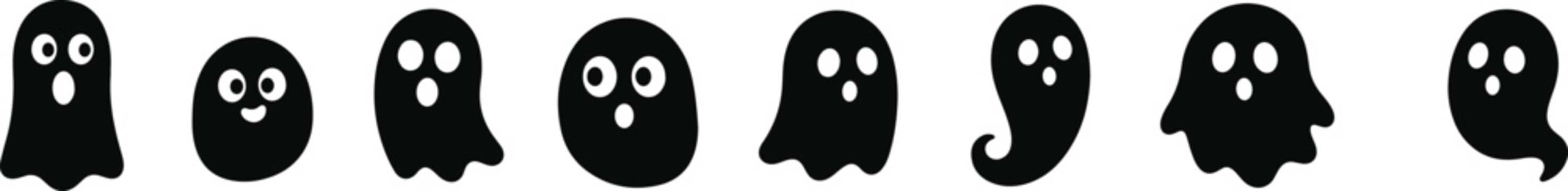 Halloween ghost silhouettes with various expressions on white background. 