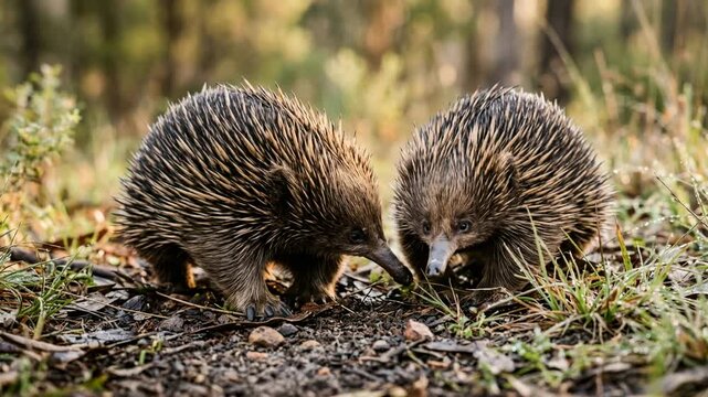 two echidnas in australian bushland habitat close up at morning light video