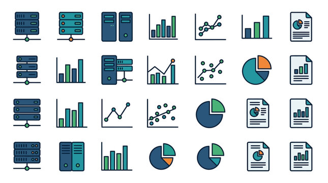 Elegant Collection of Minimalist Icons Featuring Servers Charts Documents and Analytics Visualizations in Teal Green and Gray
