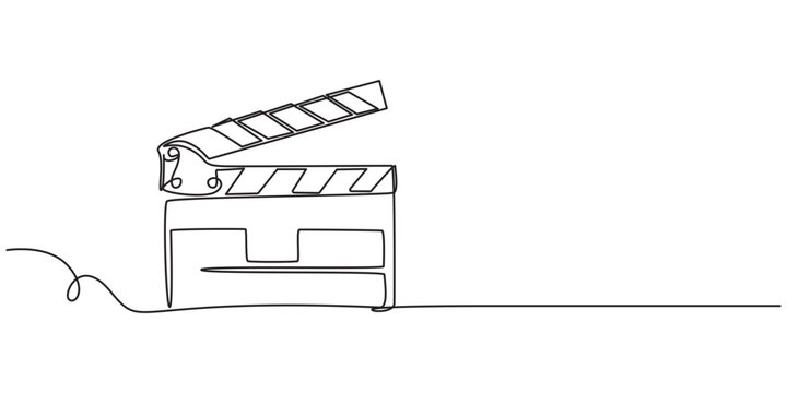 One continuous line drawing of clapper board. Action movie scene and retro video production concept in simple linear style. Outline editable stroke. Doodle vector illustration, One line drawing.