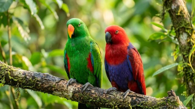 two eclectus parrots in papua new guinea rainforest canopy close up at morning light video