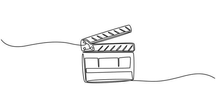 One continuous line drawing of clapper board. Action movie scene and retro video production concept in simple linear style. Outline editable stroke. Doodle vector illustration, One line drawing.