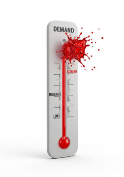 Demand Meter Reaching Extreme Level, Exploding Thermometer as Data and Pressure Metaphor