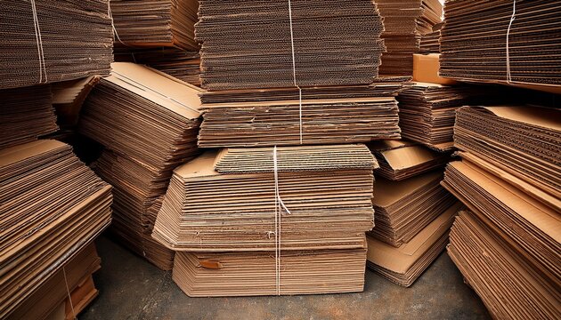 a large messy pile of used flattened corrugated cardboard boxes and scraps is stacked unevenly ready for recycling or disposal waste paper material brown texture industrial